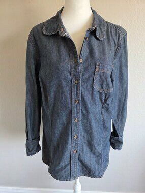 Boden Women's Size 12 Long Dark Denim Jacket Shirt Button Front Flip Cuff Cotton